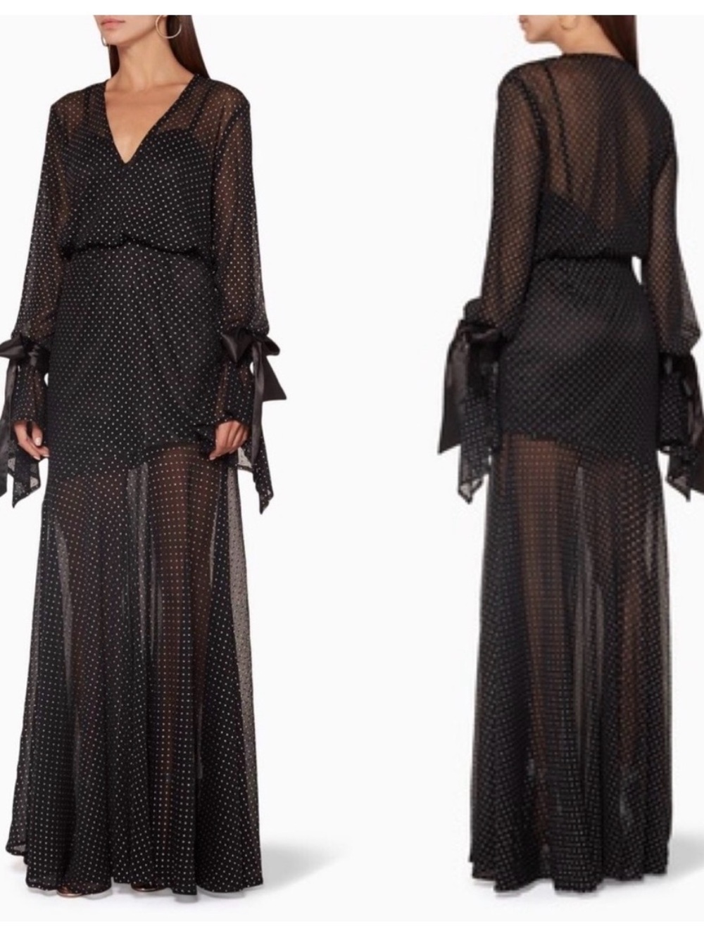 Atoir Black Sheer Polka Dot Tie-Sleeve Maxi Dress